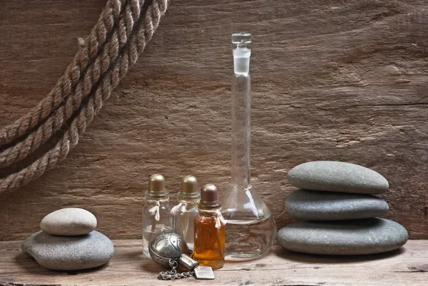 Vials of perfume oils in fragrance lab