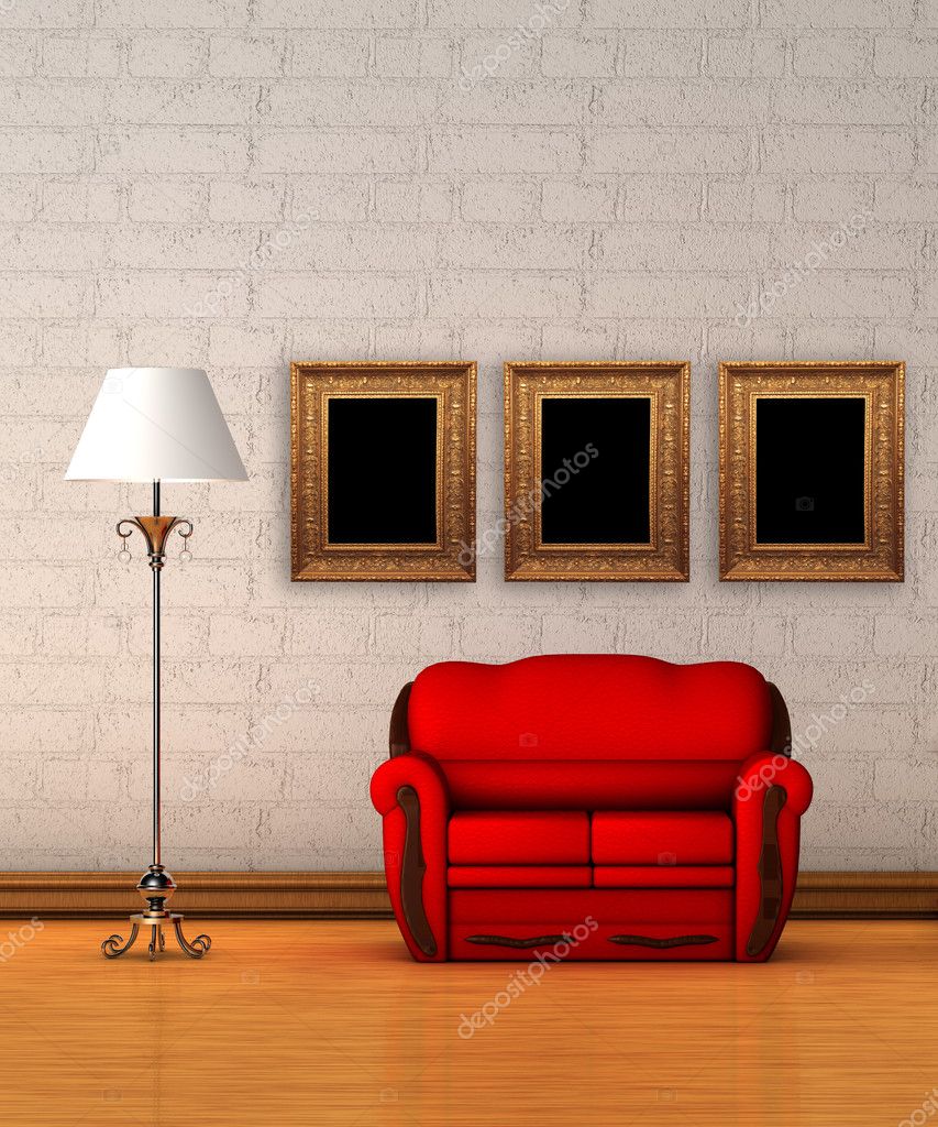 Standart lamba ve minimalist iç resim çerçeveleri ile kırmızı koltuk — Fotoğraf sahibi sommersby - depositphotos_7631124-Red-couch-with-standard-lamp-and-picture-frames-in-minimalist-interior