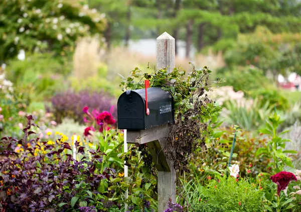 US mailbox with flag raised in flowers