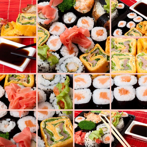 Collage of several photos japanese sushi