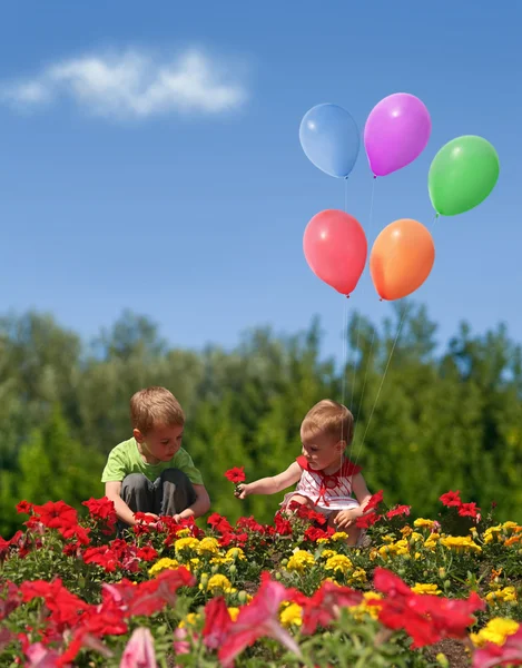 Children with flowers and balloons collage