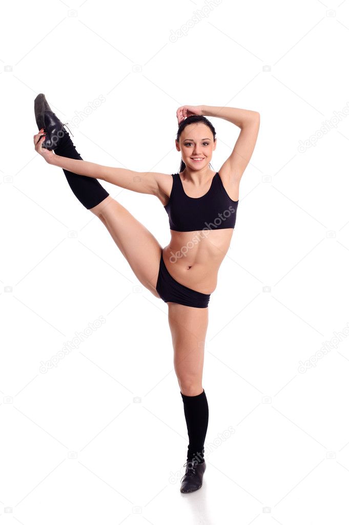 Sexy gymnast in black underwear isolated on white