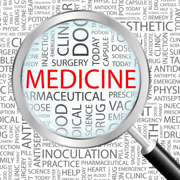 Medicine. Magnifying glass over background with different association terms.