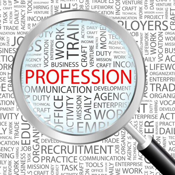 PROFESSION. Magnifying glass over background with different association terms.