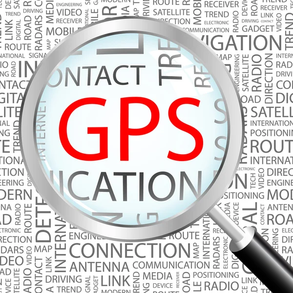 GPS. Magnifying glass over background with different association terms.