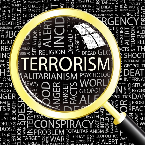 TERRORISM. Magnifying glass over seamless background with different association terms.
