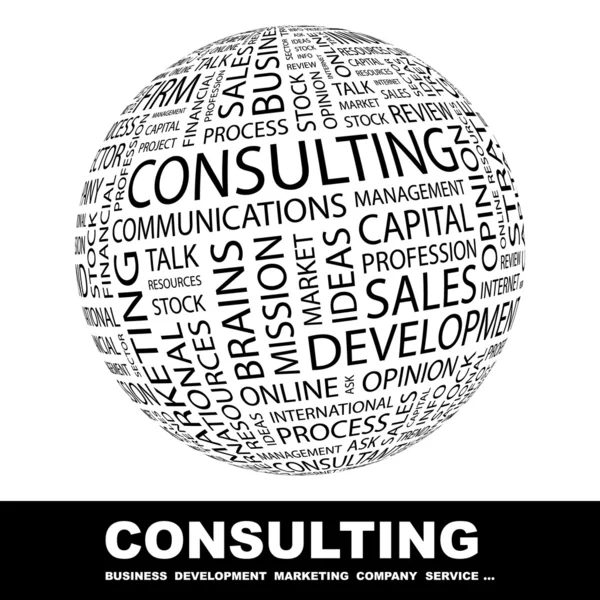 CONSULTING. Globe with different association terms.