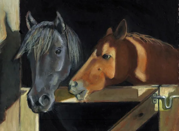 Painting of Horse Heads At Barn Gate