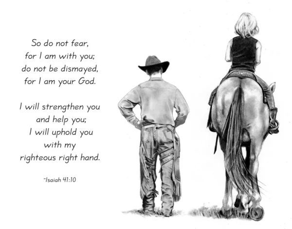 Bible Verse With Pencil Drawing: Cowboy And Horse Rider