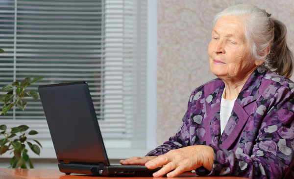 The elderly woman in front of the laptop