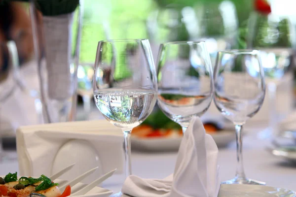 Wine glasses on banquet table