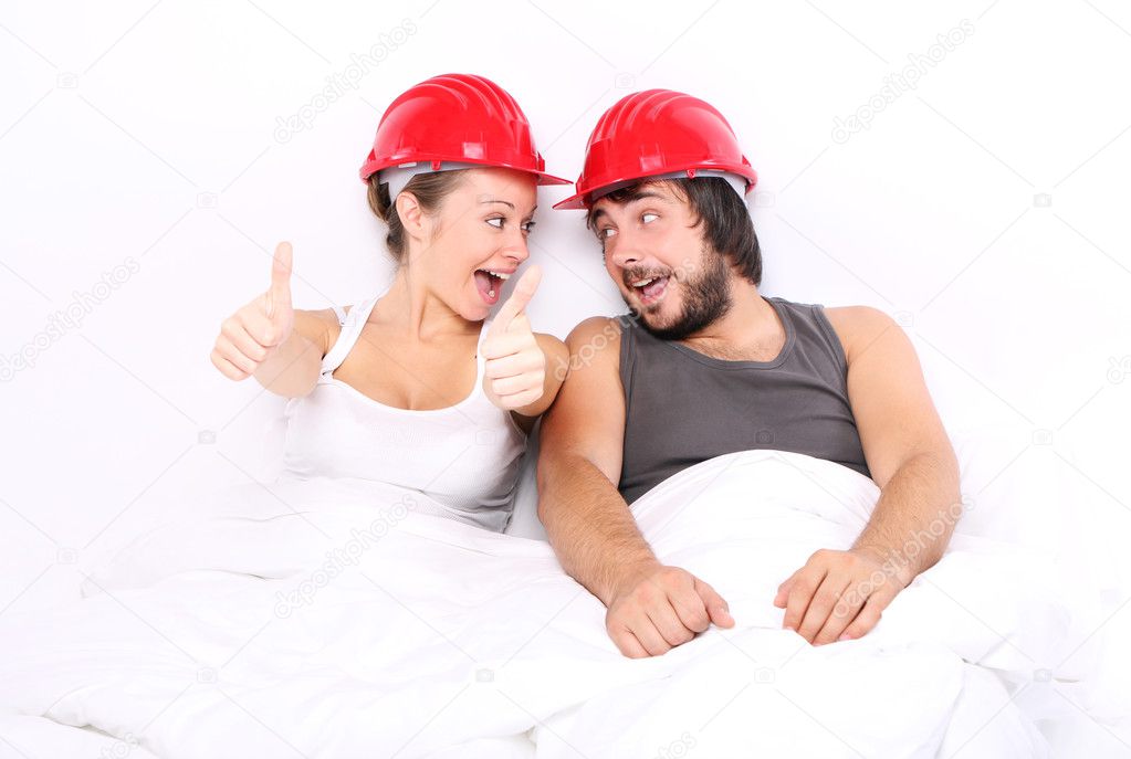 Couple With Hard Hats On Heads Safe Sex Concept — Stock