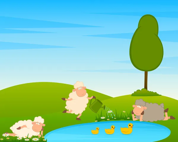 Cartoon funny sheep on country landscape with tree and lake. Vector illustr