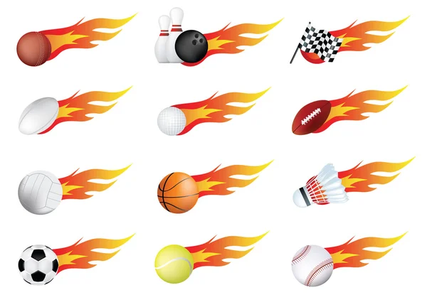 Sports balls of many types on fire with flames