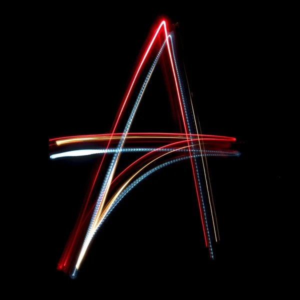 Letter A made from brightly coloured neon lights