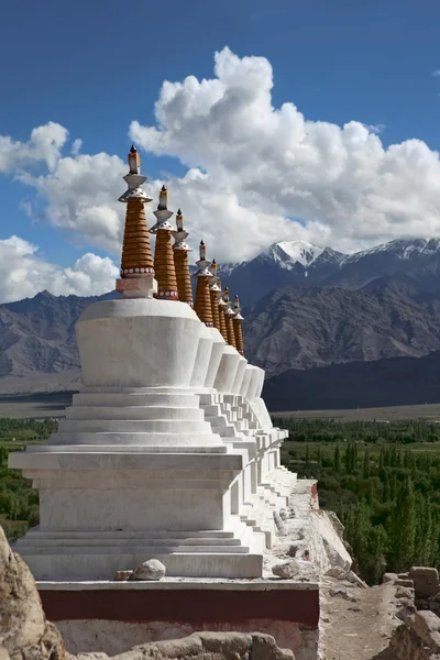 Landscape with stupas on mountain background