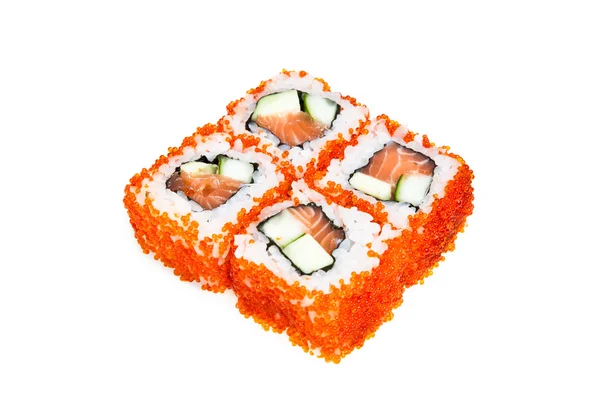 Maki sushi rolls with avocado, salmon and caviar