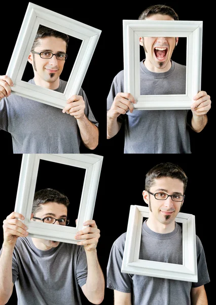 Multiple photos of young man with vintage white frame — Stock Photo #6911746