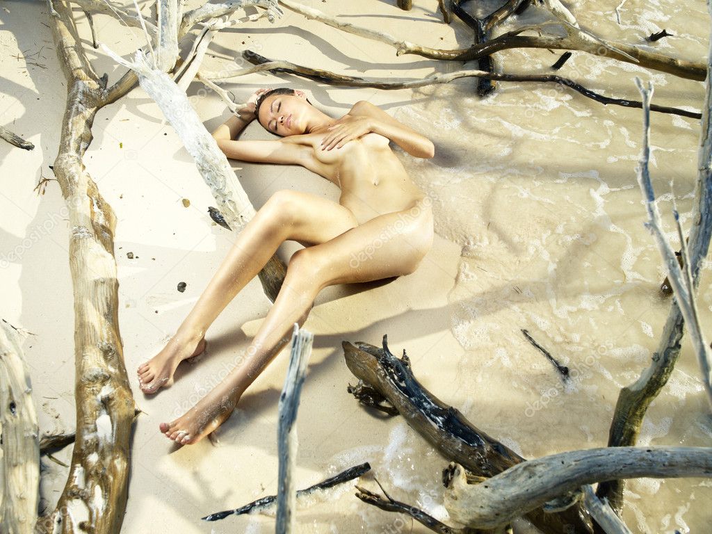 Beautiful nude woman on the beach with driftwood