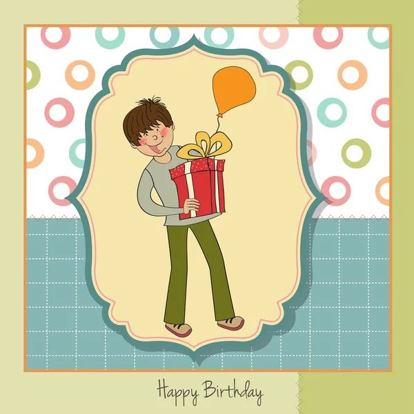 Birthday card with boy and big gift box