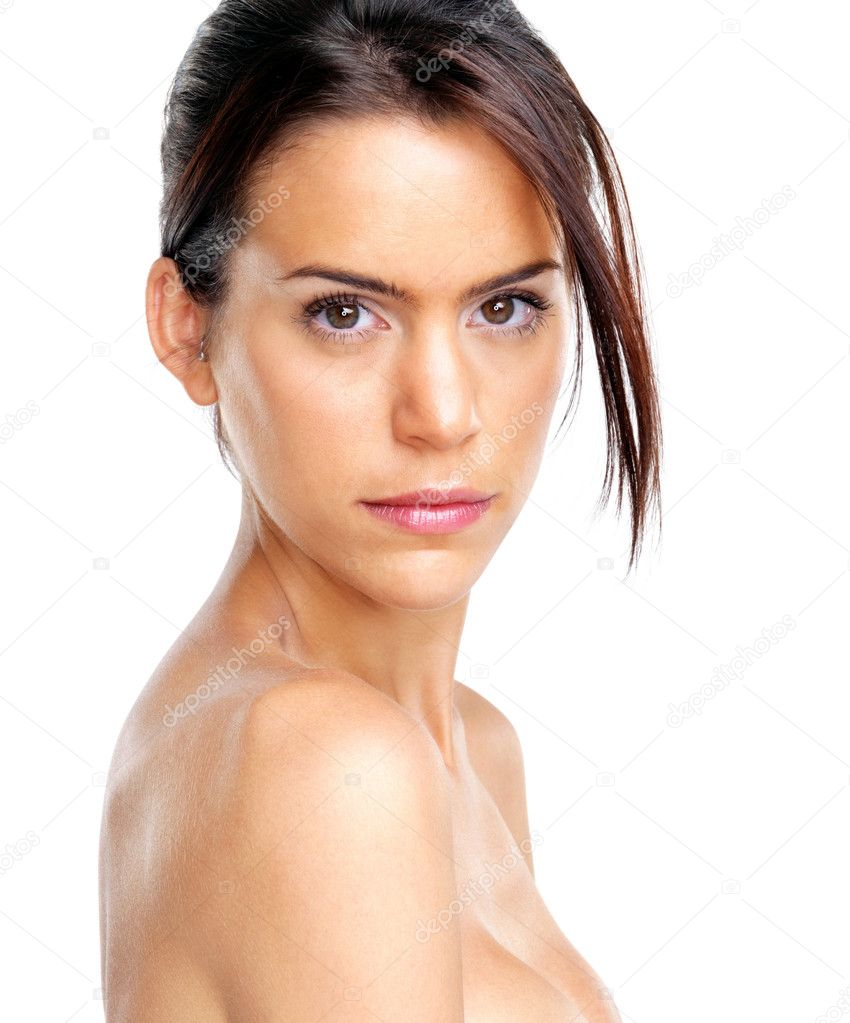 Portrait of a naked young girl looking confident on white background