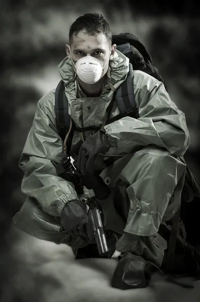Portrait of person in gas mask. Soldier on war — Stock Photo #6874112