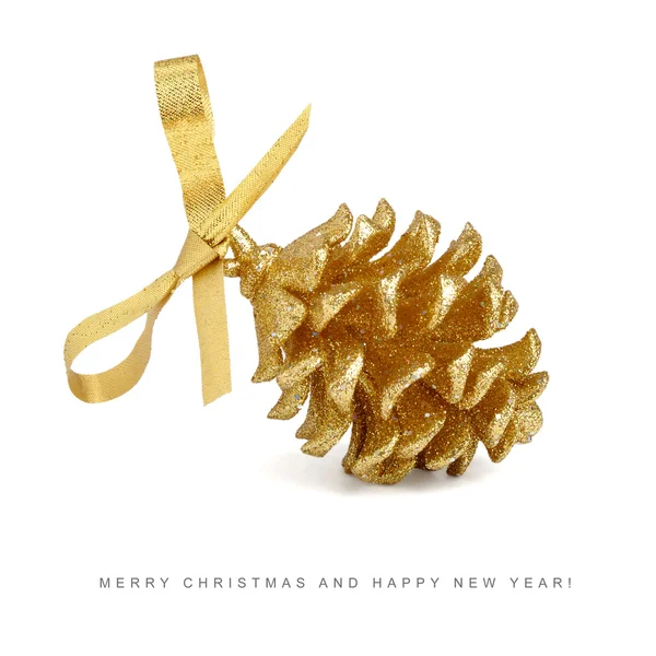 Christmas card - golden pinecone with bow isolated on white background