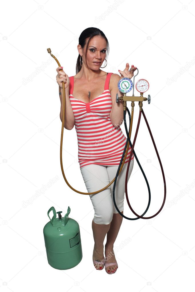 Beautiful Busty Air Conditioning Technician — Stock Photo