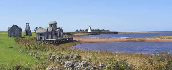 Panoramic of playhouses and lighthouse