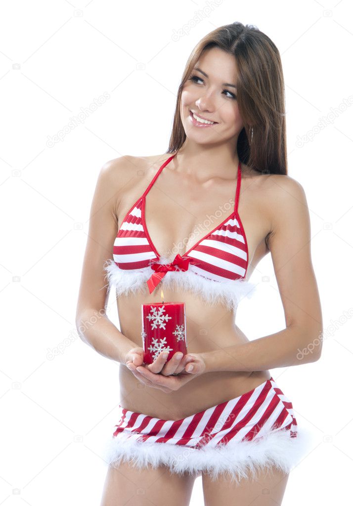 Sexy Santa Helper Girl In Red Stripped Bikini Stock Photo Dml