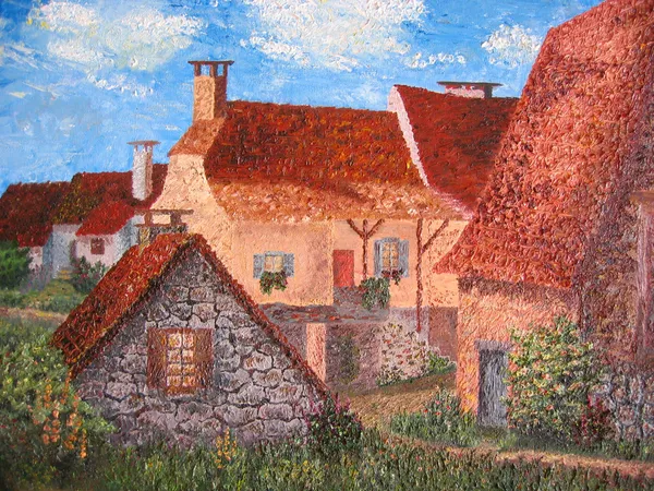 French old village. Oil painting on canvas.