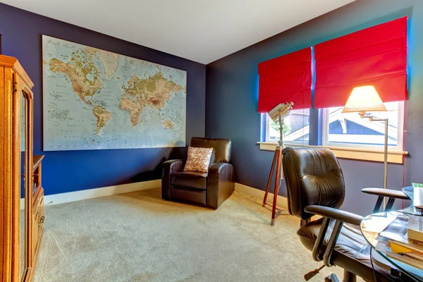 Home office in blue and red with the world map.