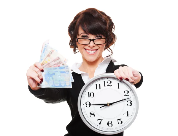 Smiley young woman holding money and clock