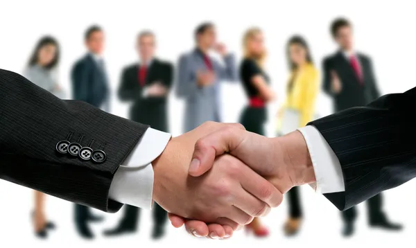 Business handshake and company team