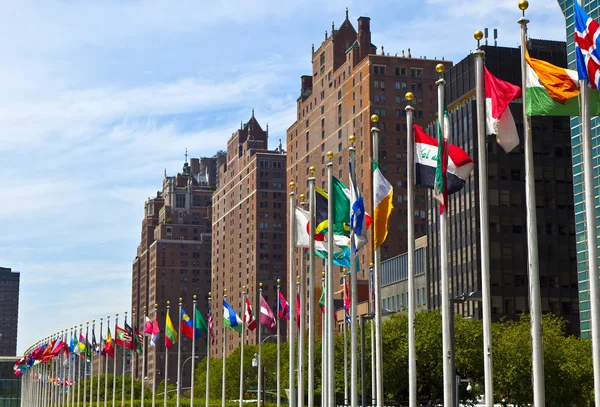 United Nations Headquarters with flags of the members of the U