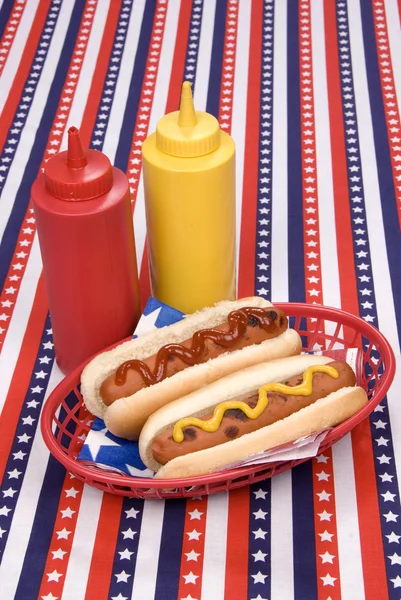 Fourth of July hotgogs with ketchup and mustard