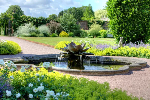 English garden scene with fountain