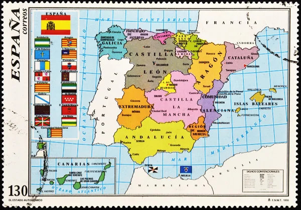 Stamp shows the map of Spain with the Autonomous Communities