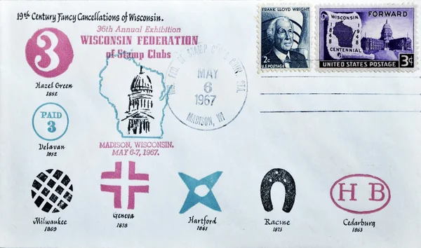 Stamp shows 19th century fancy cancellations of Wisconsin