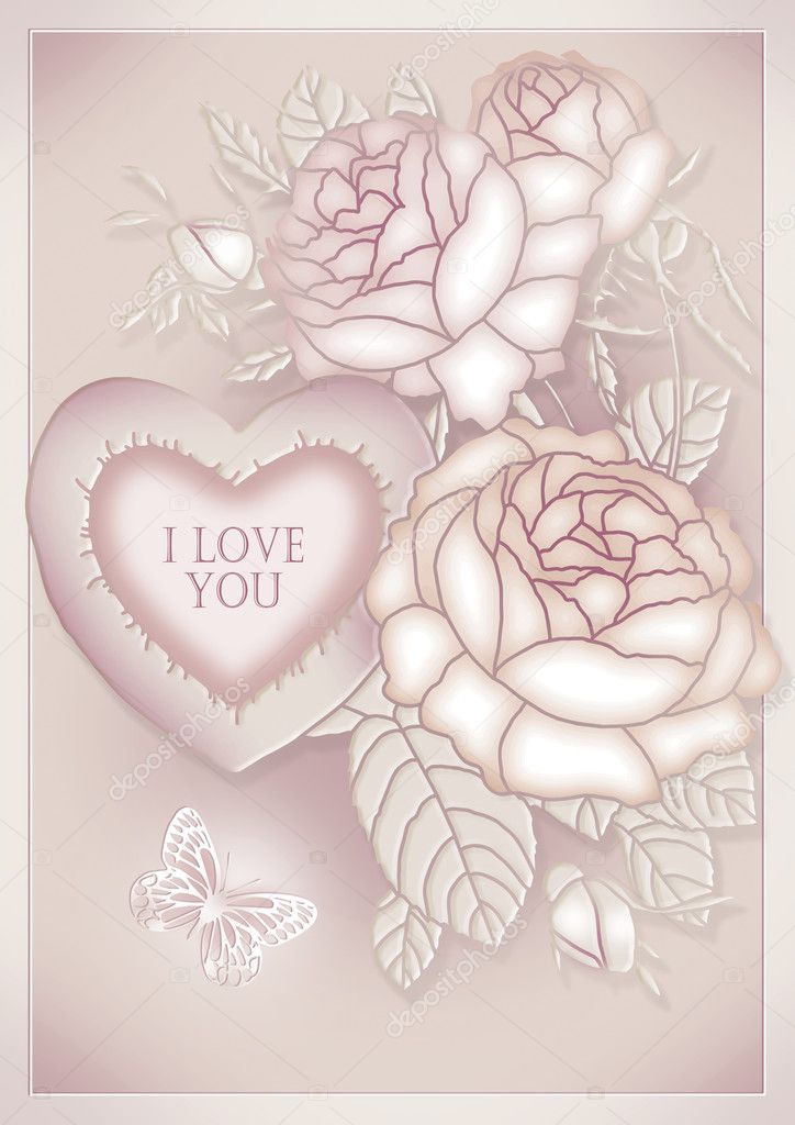 Cute wedding invitation card with heart and roses