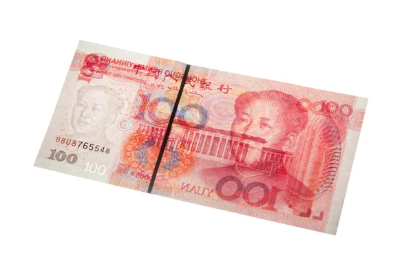 中国一百人民币与孤立在白色的透明效果 - 图库