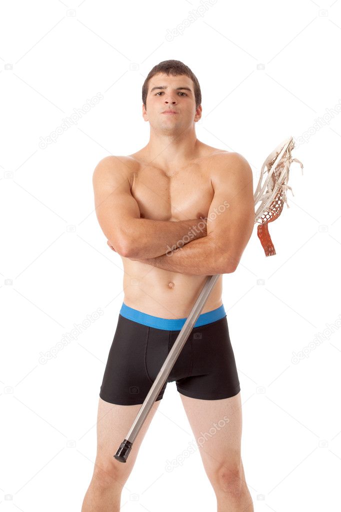 Male lacrosse player. Studio shot over white. — Stock Photo © nickp37