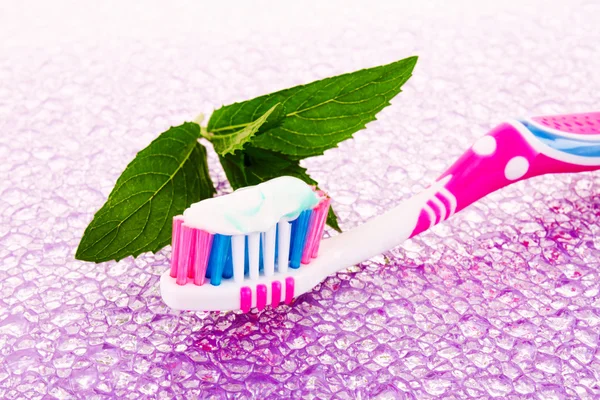 Tooth brush and mint leaves