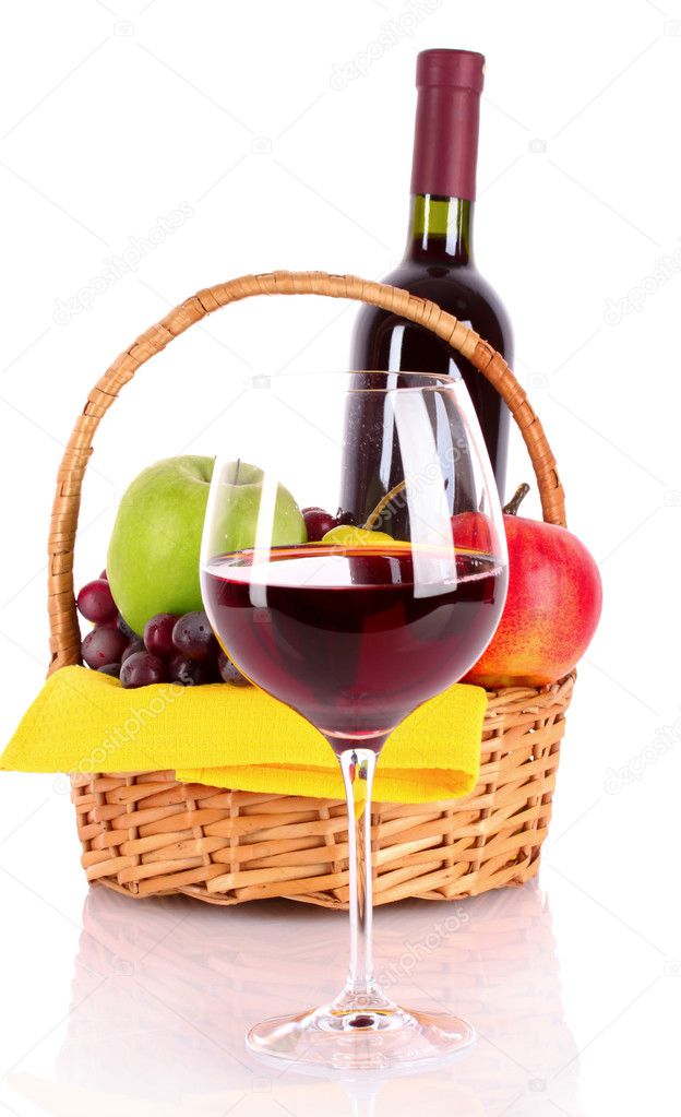 Wine, glass and fruits isolated on white — Stock Photo © belchonock