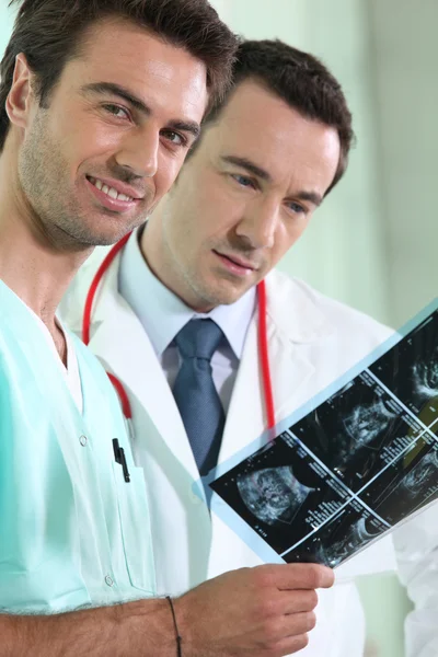 Male medical duo examining x-rays