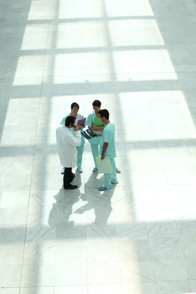 Hospital staff in hallway, top view