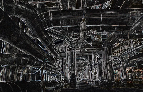 Abstract illustration of a tangle of pipes, ladders, walkways