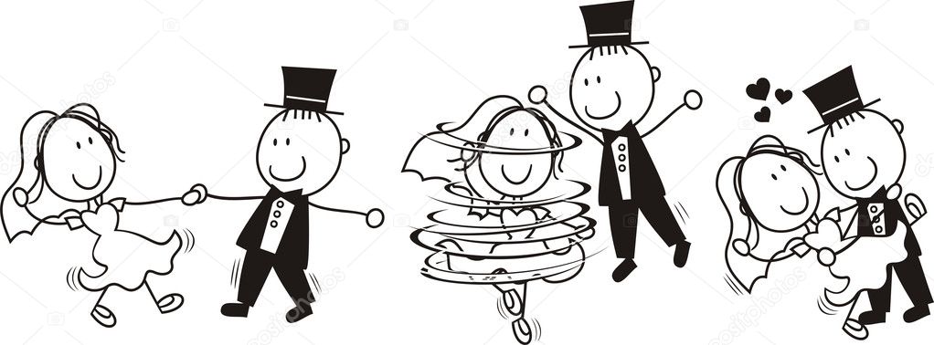 Set of isolated cartoon bride and groom first dance wedding ideal for funny