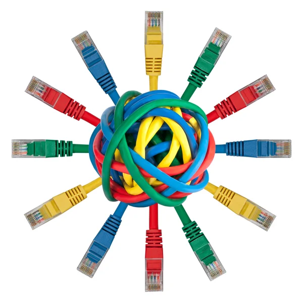Ball of colored cables with network plugs