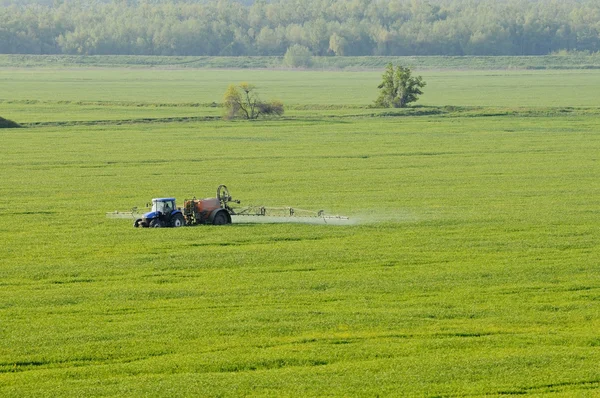 Aerial view of tractor spraying substances over green crops field